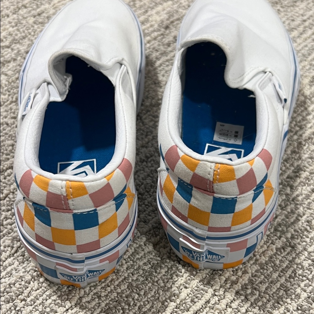 Vans White Slip-On Sneakers with Multicolor Checker Heel - Picture 2 of 6